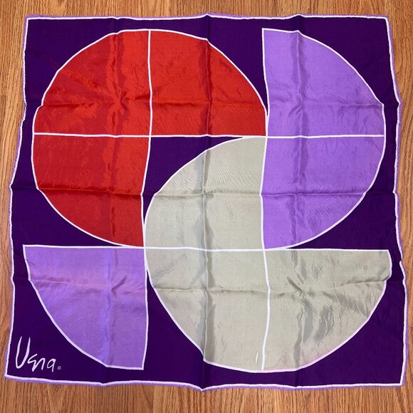 Vintage Mod Geometric Scarf Purple Red Abstract Art Print Japan Rayon Silk Blend - Picture 1 of 3